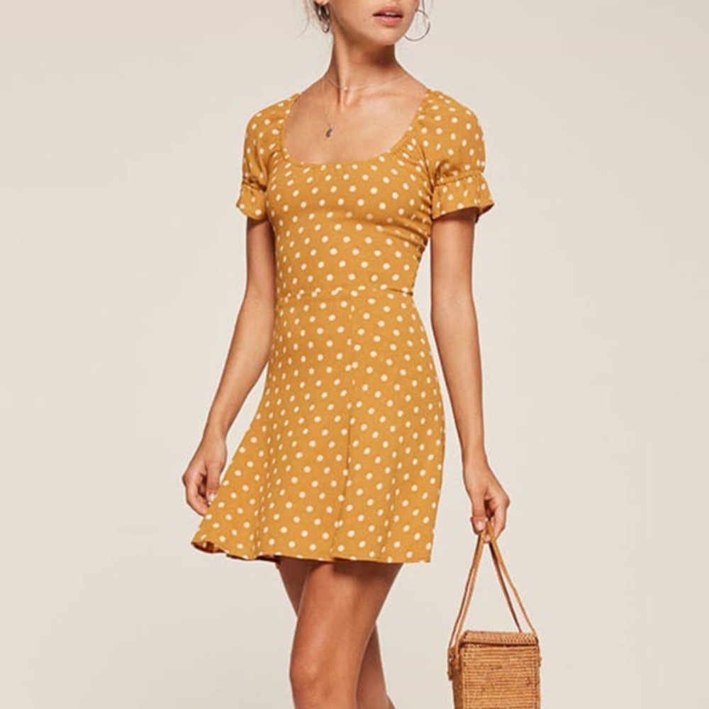 Reformation Arelene Dress - Mustard Polka Dot
